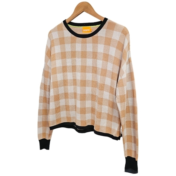 WISPR By Brodie Sweater Cotton Silk Blend Tan Gingham Long Sleeve Crew Neck L - Picture 2 of 11